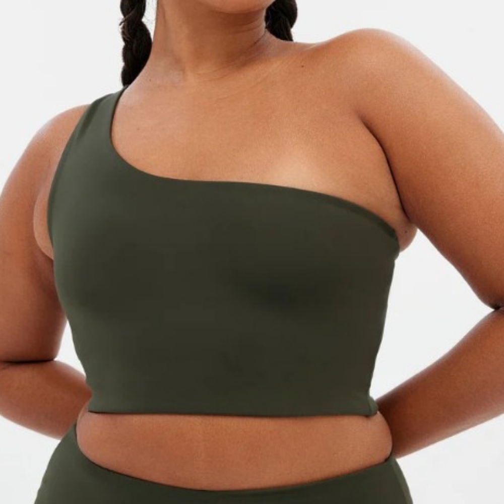girlfriend collective One-Shoulder Tank Top in Dark Green - Picture 3 of 11